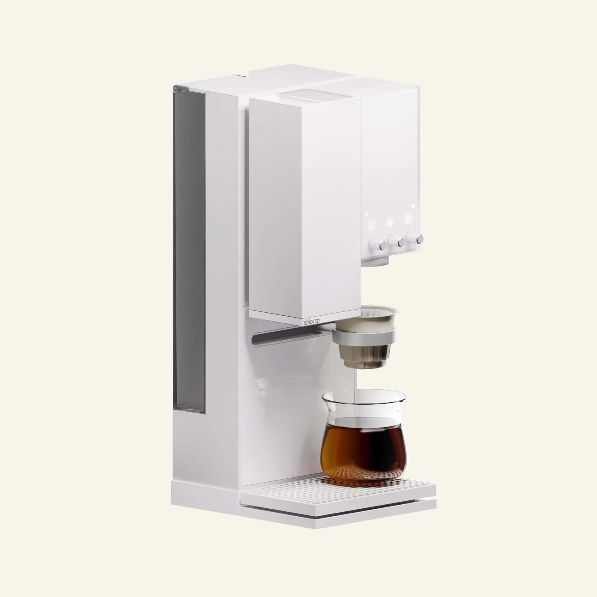 xBloom Studio automated pourover coffee machine in Moonlight White integrates grinder, brewer and precision scale.